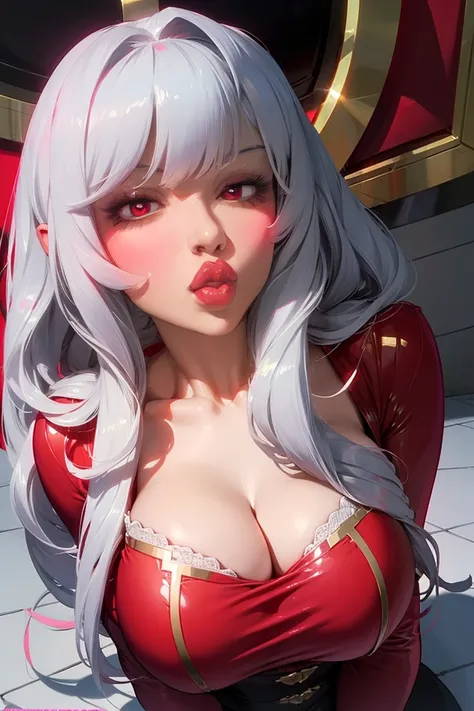  Beautiful girl with a beautiful figure and waist ( 1girl),  red eyes, long hair,,  big lips, anime, beautiful lips,, ((highest quality)), soft shadow,  High resolution ,  crashing behind her , , sexy pov,  big lips,  grey hair, (( red eyes)), ,  big lips,...