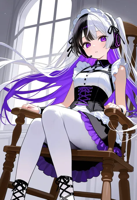 1 woman, solo, portraiture, two-tone hair, black and white hair, violet eyes, gothic girl, maid headset, parted lips, neutral expression, maid dress, sleeveless dress, black lacy corset, long violet skirt, frilled layered skirt, sitting elegantly on a rock...