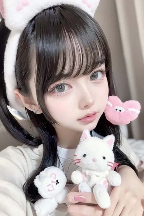 There is a lady holding a plush toy, Hello Kitty;, Trends in CGTacing:, very beautiful and cute kitten, Popular content on cgstation, Sakimichan, Surreal sweet bunny girl, Nguyen Vtubers father, Hello Kitty, 480p, 4 8 0 points, Linda Delfina, Charming cat ...