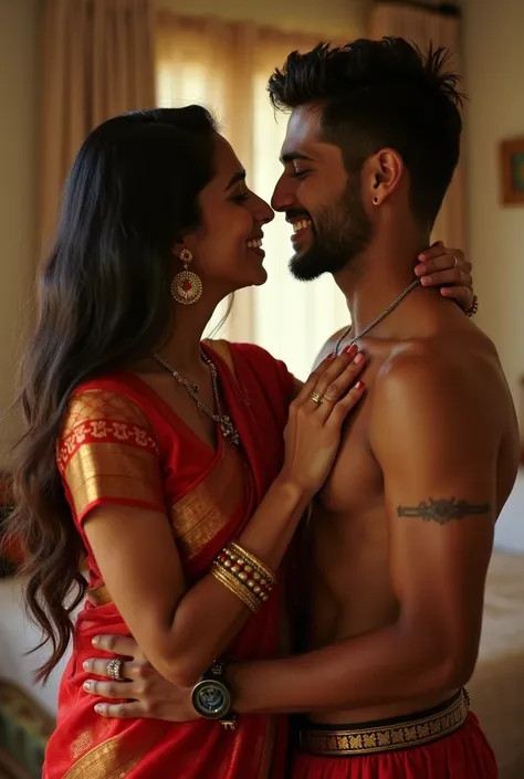 a Indian big boob see thru saree wearing beautiful lady, giving a blowjob to a young Indian men naked who have about 6" penis and both are very happy 