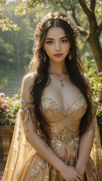 A girl with long flowing hair, wearing a flowing dress, standing in a magnificent garden. Her eyes are filled with determination and her lips are delicately detailed. The garden is filled with vibrant colors of blooming flowers and lush greenery. The sunli...