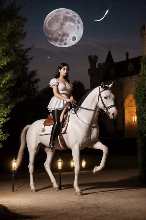  a girl with black hair, super pretty, He is riding a white horse , photographic hyperrealism,  riding through the castle garden on a full moon night.  Ultra realistic photographic ,  with all kinds of ultra-detailed details  