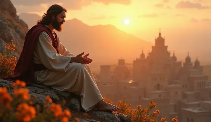 Jesus Christ on a mountain saying, Come to me, all you who are weary and burdened, and I will give you rest. Real photo, cinema effect, day dawning. An ancient city with flowers on the side. ren sitting listening to Jesus speaking, cinema effect. 2k resolu...