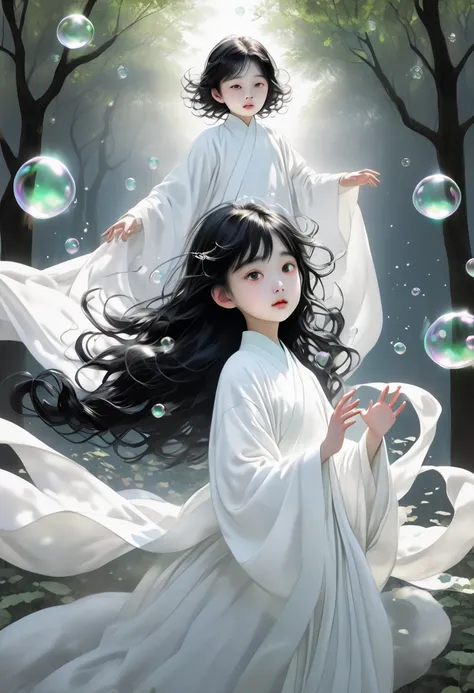  a ghost girl with long flowing black heads and beautiful white clothes , He floats out of the air as leaves form around him ,  in front of her a boy watches her in amazement as she shows him a bubble containing 3 ghosts inside her