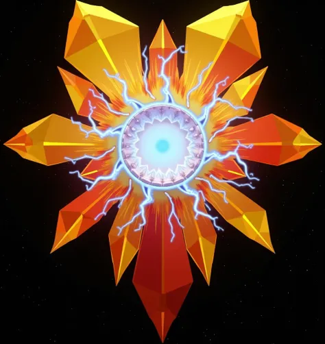 A giant organic sentient complexly cut sun shaped crystal with fire inside, nine points and lightening in the center, floating out in the vastness of outer space with stars around.