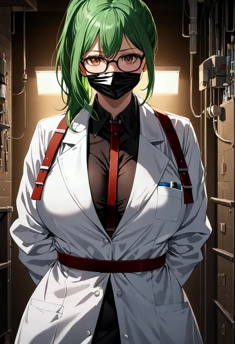 (masterpiece, best quality, detailed), 1girl, solo, looking at viewer, green hair, ponytail, glasses, brown eyes,
scientist, labcoat, glasses, collared shirt, pencil skirt, basement, (dark:1.5), dimly lit, Master piece, (best quality), perfect eyes, bound,...