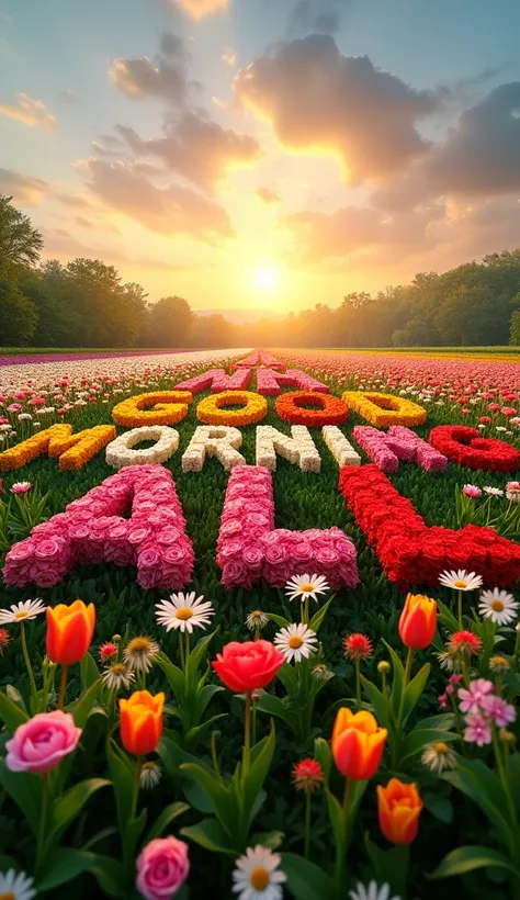 "A vibrant field of flowers forming the nam GOOD MORNING ALL in a variety of colors, with each letter shaped by different types of flowers—roses, tulips, and daisies—surrounded by lush greenery and a radiant sunrise in the background."