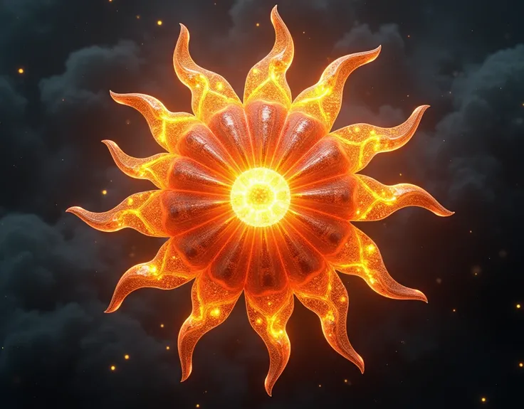 A realistic looking giant organic sentient complexly cut sun shaped crystal with fire inside, nine points and lightening in the center, floating out in the vastness of outer space with stars around.