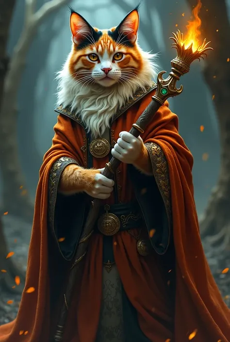  Sorcerer cat with orange palage,  black and white, with a witchcraft stick  