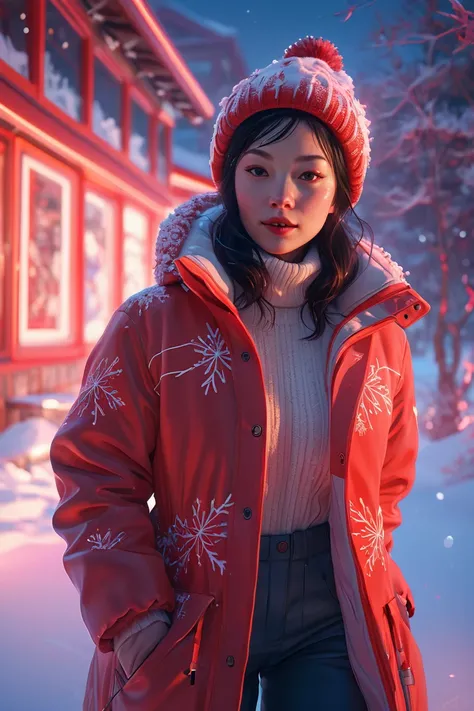 highly detailed realistic woman, winter scenery, body shot, dreamy, delicate red light source, snowflakes, James Jean, unreal engine, loish, rhads, makoto shinkai and lois van baarle, kelogsloops, ilya kuvshinov, rossdraws, Carne Griffiths, global illumina...