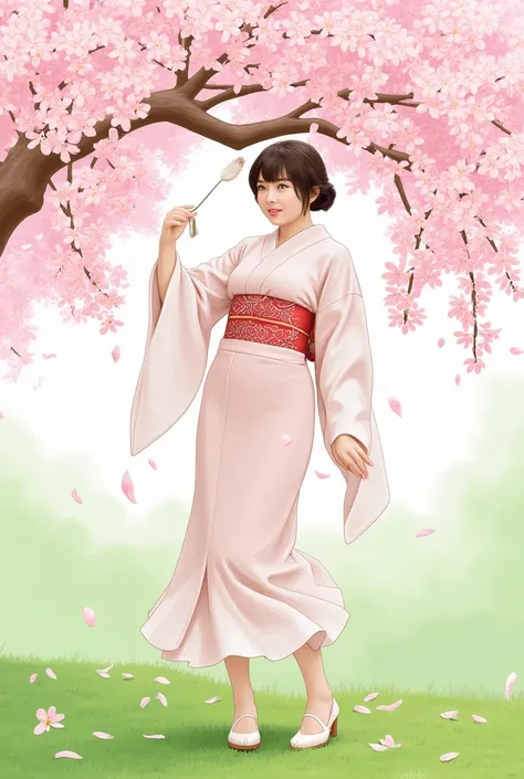 A girl under a cherry blossom tree, wearing traditional yukata and surrounded by falling cherry blossom petals. The painting style is romantic, with soft pink and green as the main colors, showcasing the romance of spring and the elegance of yukata