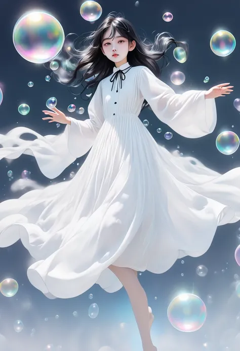  a ghost girl with long flowing black heads (very long)  Pretty white clothing ,  he floats in the air as bubbles form around him .