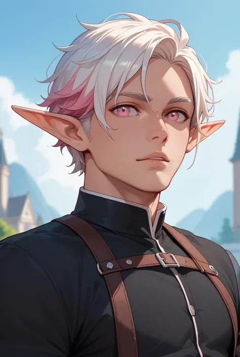  male black elf , white-colored hair , pink eyes and adventurers black clothes