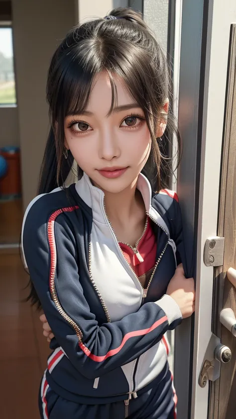  the mixed atmosphere of sunrise and dawn, In front of the apartment building entrance、In front of the door、The horny older sister who visited 、ponytail

(Sportswear、 active girl、Open zipper、sports girl, Half an eye,skinny track suit, Thin type:1.5),(large...