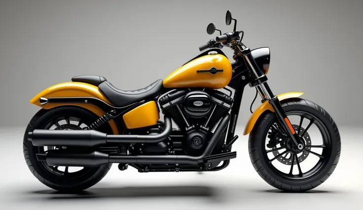 Generate a high-resolution, fully realistic image of a ( 2024 harley-Davidson Street Bob 114 ) in ( Color )dark yellow , with a sleek and modern exterior, futuristic wheels, and a shimmering body color, displayed in a luxurious . The image should be highly...