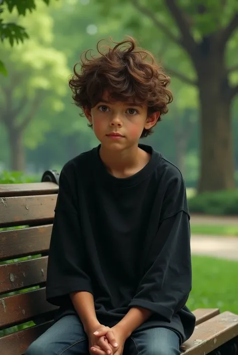 A boy sitting on bench with curls wearing a black oversized shirt 
