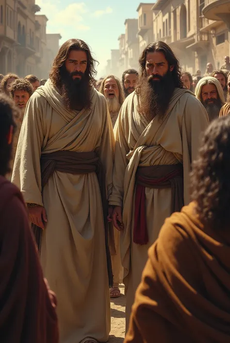 Make an image of two male prophets dressed in sackcloth, being attacked by the people.