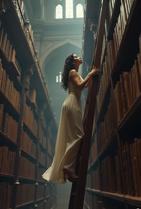 Far away shot of woman climbing ladder to look at books in old library