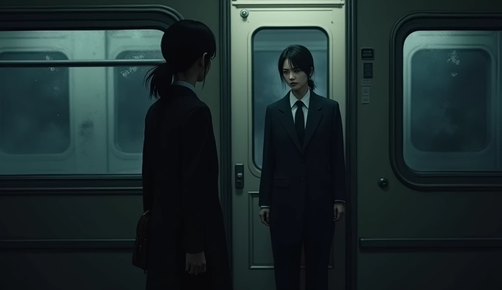 On a train at night, a Japanese woman in a suit is knocking on the conductors door. Eerie atmosphere.