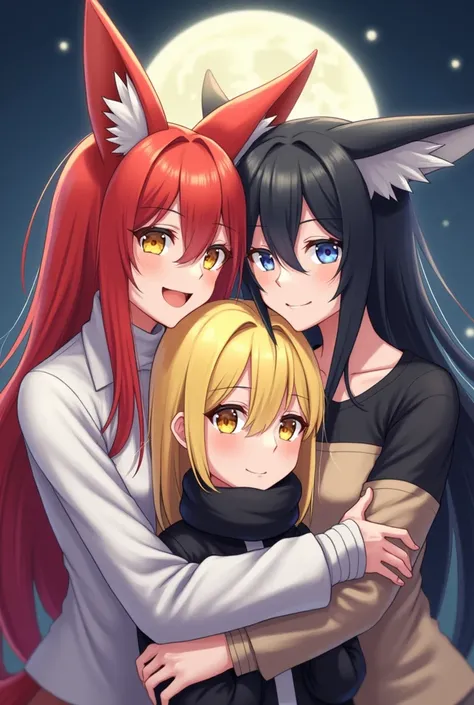 Game-style image group of 5 friends hugging each other, one with long red fox hair and yellow eyes and a white shirt with a high collar and a long sleeve shirt, the other with long black hair and fox ears with a black turtleneck and long sleeve, another wi...