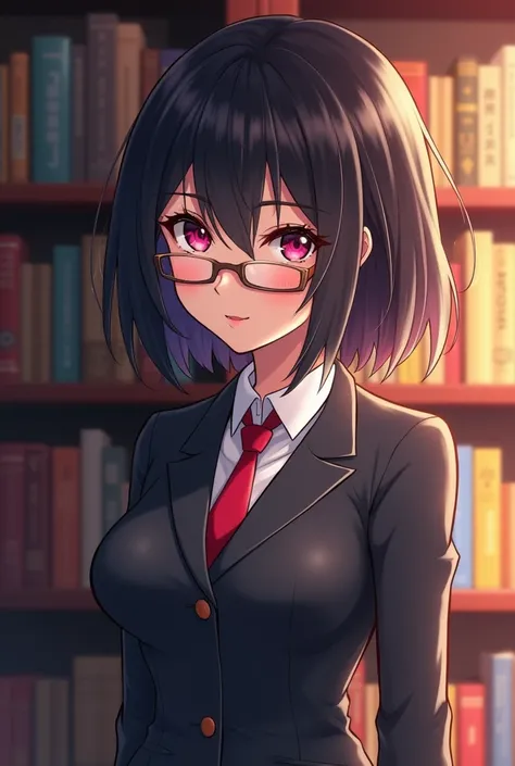 Girl with black short hair with glasses, she have pink eyes with sharp gaze. She is 165 cm tall and she looks mature, she looks like adventure guild receptionist suit stand in bookshelf reach out the book in background in anime art