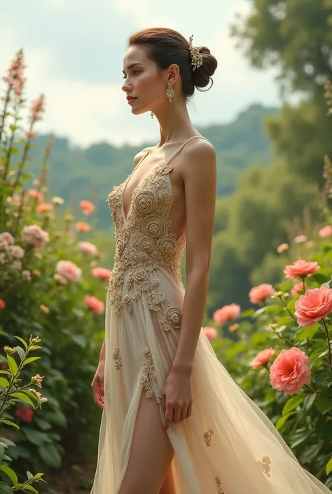 An elegant woman standing in a lush garden, wearing an intricately designed, flowing gown with floral motifs in neutral shades of cream, brown, and gold. The gown features detailed circular accents and patterns. She has a serene expression, with her hair n...