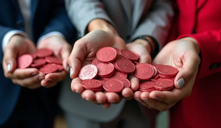 make photos of people holding Rupiah 100 thousand red coins