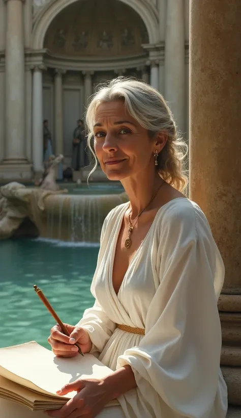  Beautiful and wise stoic woman writing on a scroll next to a Roman fountain, her white dress with a generous neckline fluttering in the wind .

