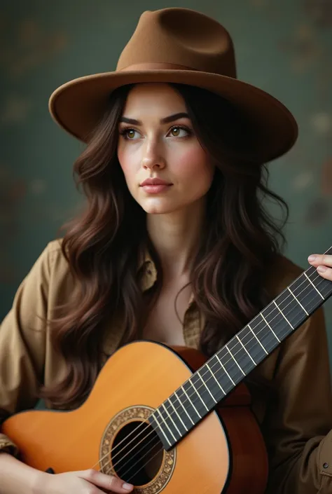 Brunette woman with hat and guitar