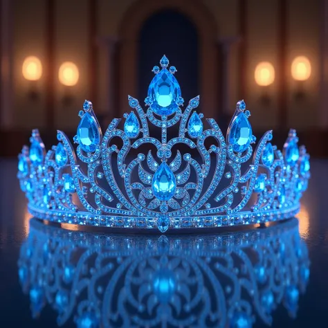 A glamorous blue diamond tiara on a written name [bhagya] intricately written across the band, sparkling under the lights."