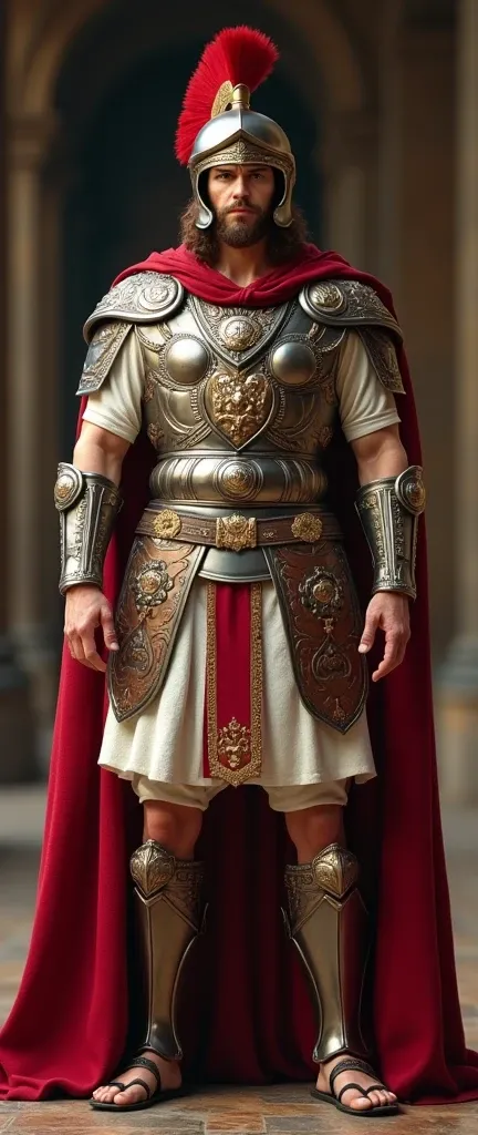 Front view , Full-body  looking at viewer, sole, Titus, Empire of Roman, standing pose,  stand in an ancient Roman palace, 30 years-old, handsome,( wave perm , brown hair , serious, Roman metal helmet , red chickens crest design), normal body,  (An ancient...