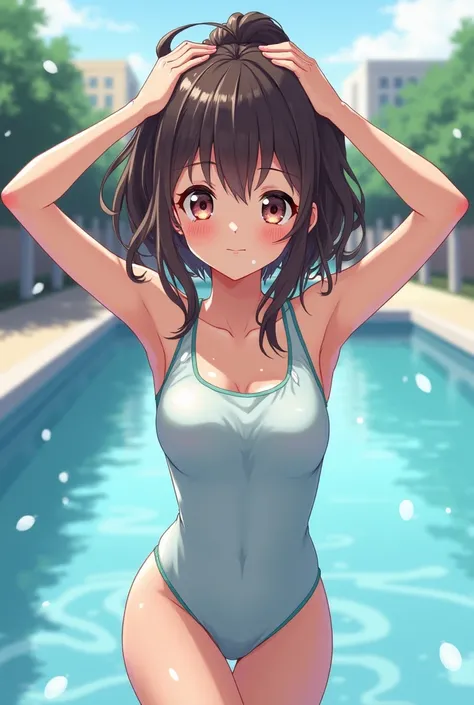 Cute anime girl, school swim suit,soaked