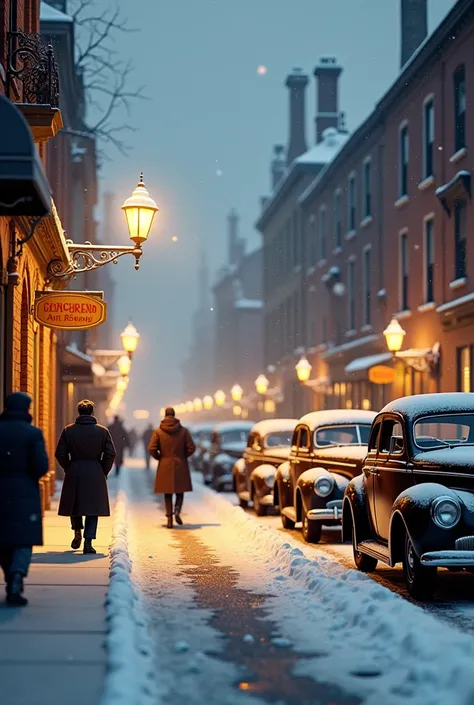 Can you add cars from 40s with Street and people walking and snow falling