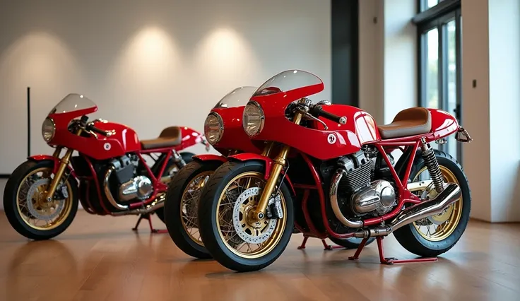 "Create a high-quality, detailed image of classic American mv Augusta superveloce 1000 serie oro cmotorcycles parked in showroom. leather seats, and vintage designs. 

