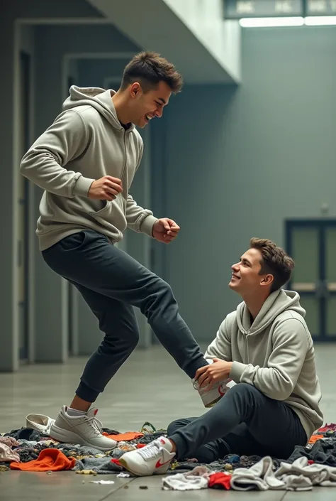 Un jeune homme sportif, en survêtement, en Nike air max 90, dans un hall, marche et piétine en riant des vêtement jetés par terre. Les pieds sur les vêtements. Un autre jeune homme assis par terre devant lui, il le regarde faire en suppliant.