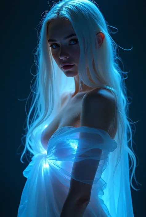 full-body shot of a sexy but short young woman with long smooth straight white hair, wearing just transparent cloth covering her chest that radiates blacklight, hips tilted slightly sideways, head facing camera, no pants, looking at camera lovingly