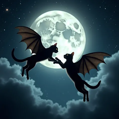 Two black cats with bat wings, soaring effortlessly around a radiant, luminous full moon, partially veiled in delicate, feathery clouds. The cats engage in playful, whimsical interactions mid-flight, their glowing wings and sleek forms illuminated by soft,...