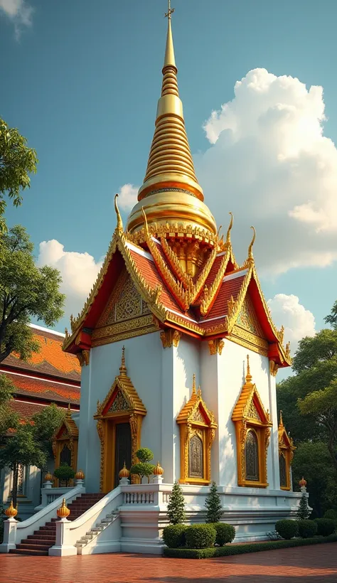 Big  golden Pagoda,red orange roof and white  wall,,thai style, body green thai serpent and head golden Beautiful ,tree, fine,Beautiful , Thailand many monk,  masterpiece,  High Resolution ,  Realistic Textures, 