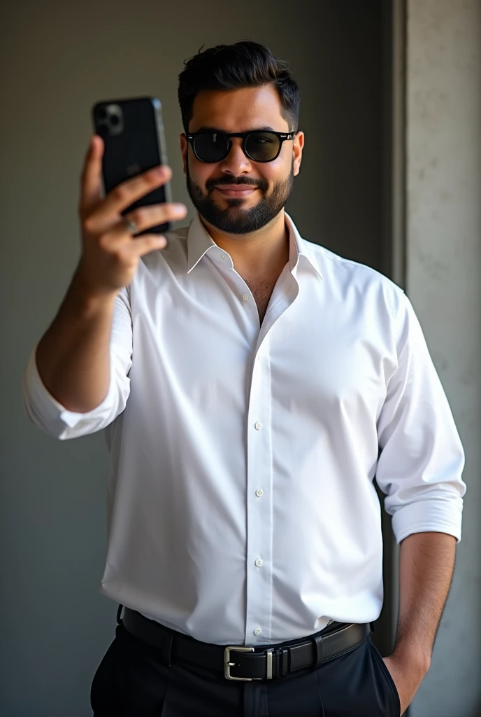 Tall young man of 27 years old Venezuelan , chubby , with beard  ,   wearing an elegant white shirt and black dress pants,  with black sunglasses ,  taking a picture with an Apple iPhone 16  