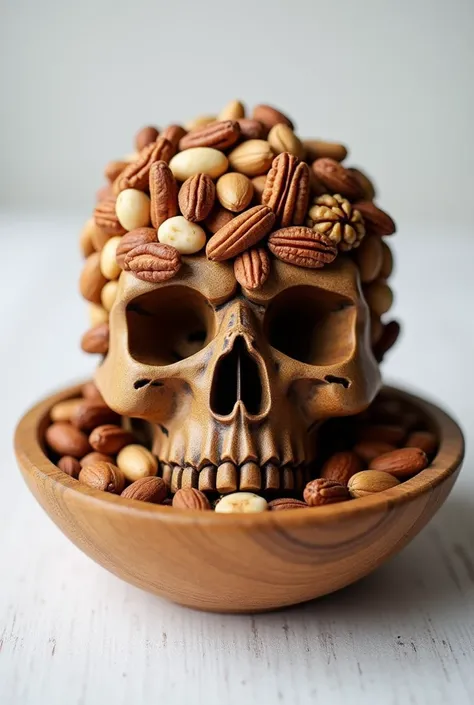 mixed (nuts in shape of skull-head) put in the in wood bowl. background white table. no more other elements or things on the table please. center shot. phot close up shot. 
Photo taken on Canon EOS-5D mark 3, 50mm lens, f/2.4