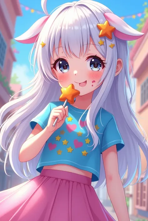 white hair,  fair skin ,  black eyes ,  rosy cheeks , smiling,  star and heart stickers on the face, jumpsuit pink skirt ,  blue t-shirt with colorful designs ,  star-shaped lollipop ,  colored hair clips , anime,  high resolution, alone, Long hair,Ultra 8...