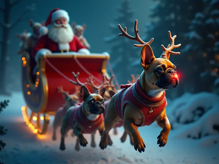 Cinematic shot, Night scene, red gold reindeer sleigh with Santa, flying over a quiet village, sleigh pulled by 8 French bulldogs with antlers tied to their heads. Another French bulldog is in the front as the leader and is named Rudolf. He has a  glowing ...