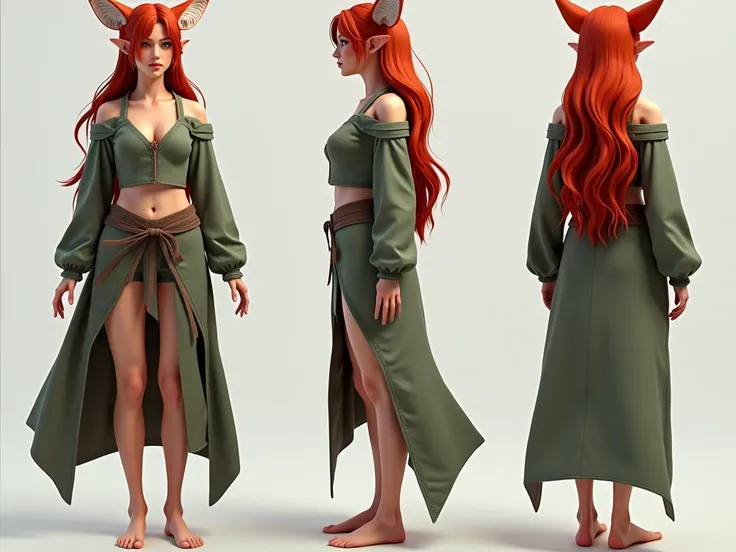 NSFW,  Close-up of a woman in elven clothes with red hair, 25 years old, not enough clothes, Minimum clothing, Full-length female body model from three angles, Furry little fox ears, Character poses for concept art from all angles, Color concept art, Chara...