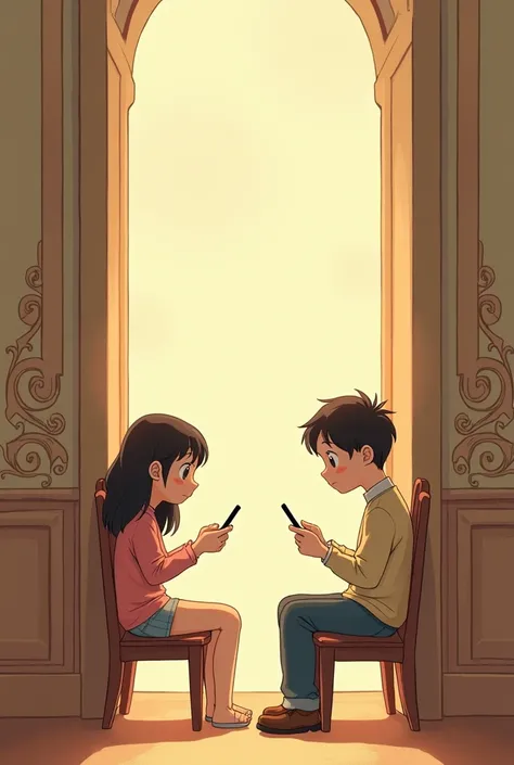 theres a wall between two ghibli couple character theyre texting on their phone while theyre shy, the wall separates them while they sit on chairs