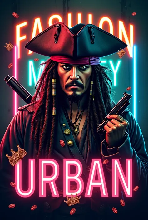 Create a logo for my clothing store and that it is represented by Jack Sparrow with guns, bullets, drugs, cocaine with crowns and has neon lights that have the letters fashion money urban