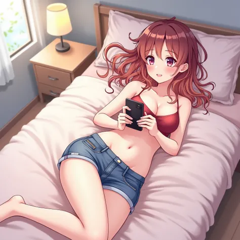 anime girl laying down on bad using phon 
Wearing sexy top and short jeans panti
Cartoon art