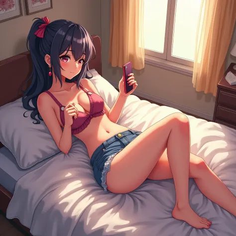 Full body anime girl laying down on bad using phon 
Wearing sexy top and short jeans panti
Cartoon art