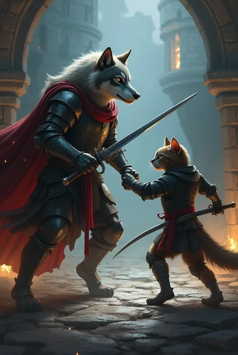 Wolf dressed as swordsman loses fight against swordsman-dressed cat 