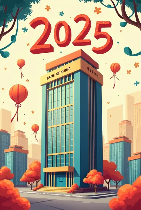  2025 calendar card cartoon：Bank of China Building、 has a common goal 、success