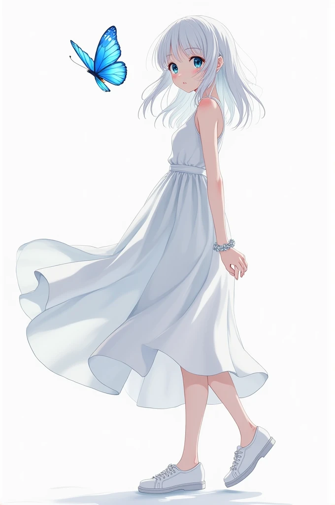 Anime style, full Boyd, girl, 18 yo, white hair, blue eyes, white eyebrows, white background with blue butterfly, using a white dress, white a cute shoes, using a bracelet